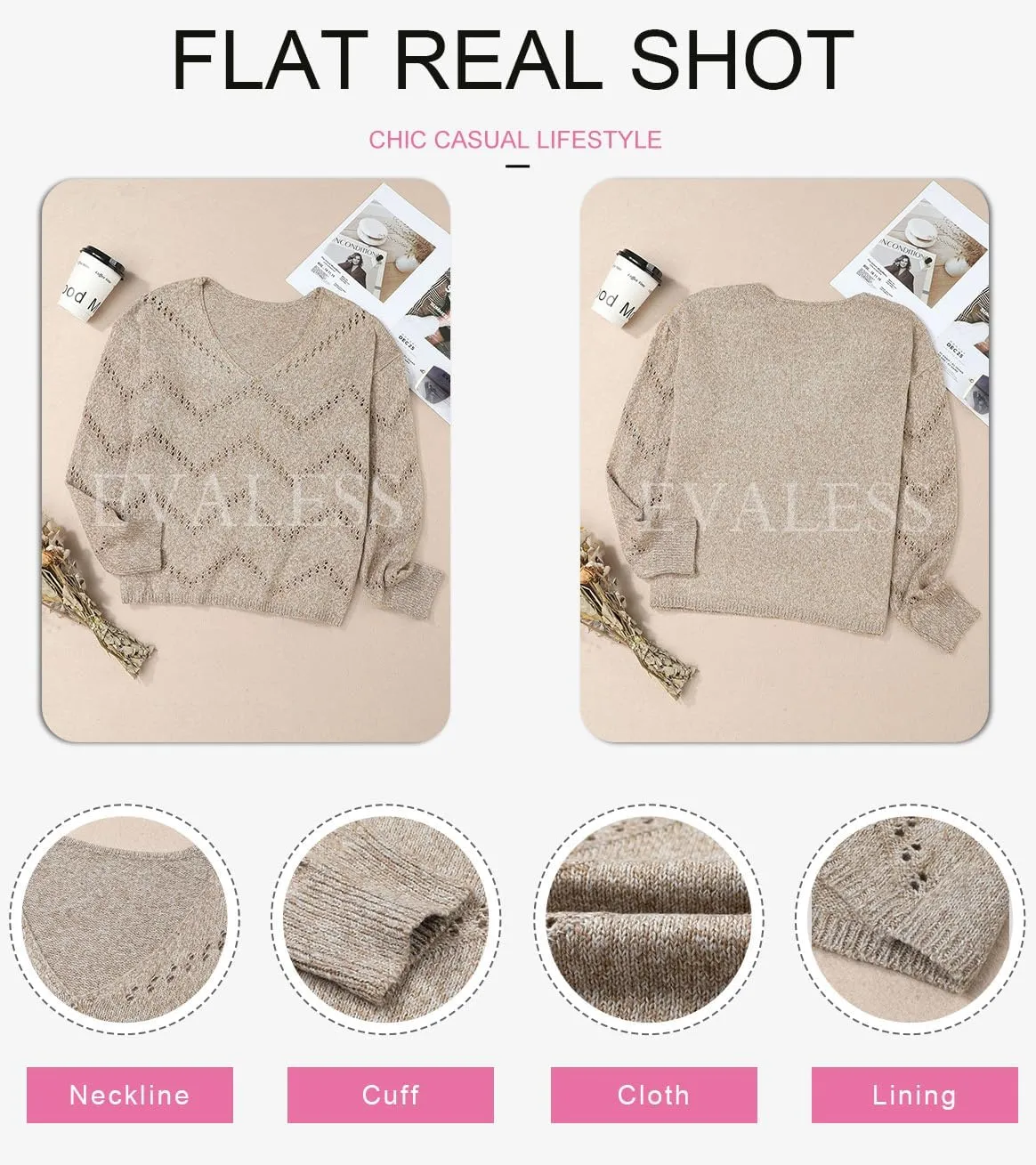 EVALESS Women's Crochet Sweater Top Hollow Out Long Sleeve Pullover Tops Fall Outfits Fashion 2024