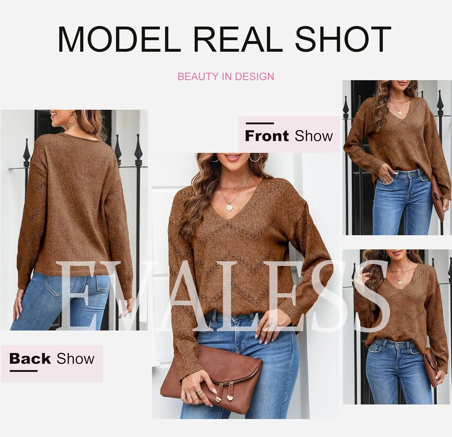 EVALESS Women's Crochet Sweater Top Hollow Out Long Sleeve Pullover Tops Fall Outfits Fashion 2024