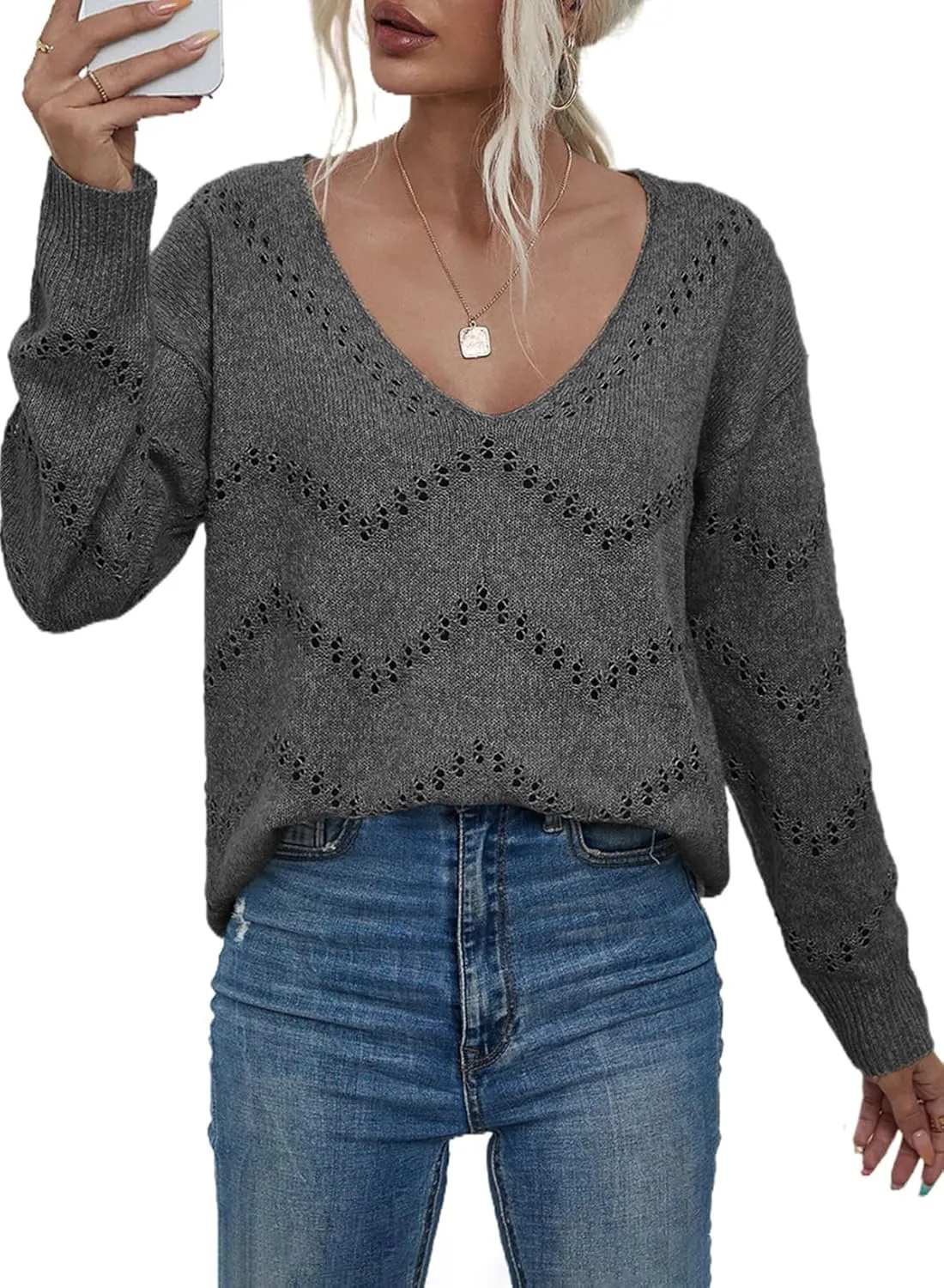 EVALESS Women's Crochet Sweater Top Hollow Out Long Sleeve Pullover Tops Fall Outfits Fashion 2024