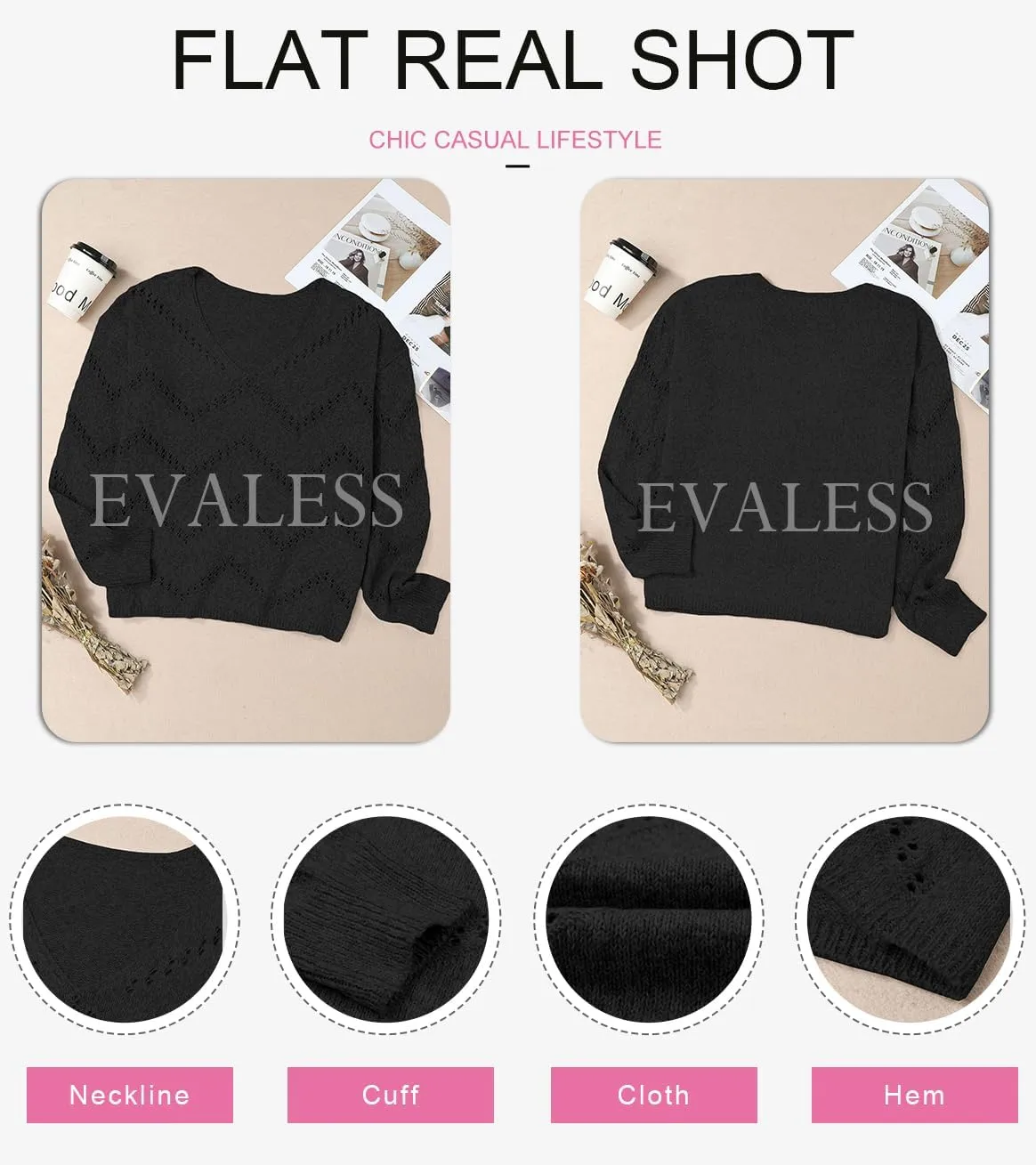 EVALESS Women's Crochet Sweater Top Hollow Out Long Sleeve Pullover Tops Fall Outfits Fashion 2024