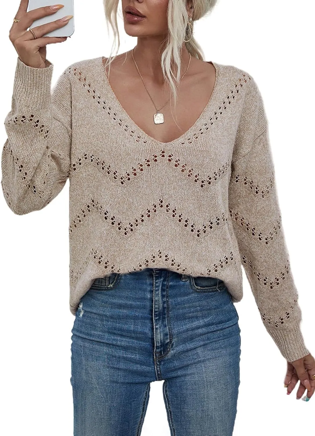 EVALESS Women's Crochet Sweater Top Hollow Out Long Sleeve Pullover Tops Fall Outfits Fashion 2024