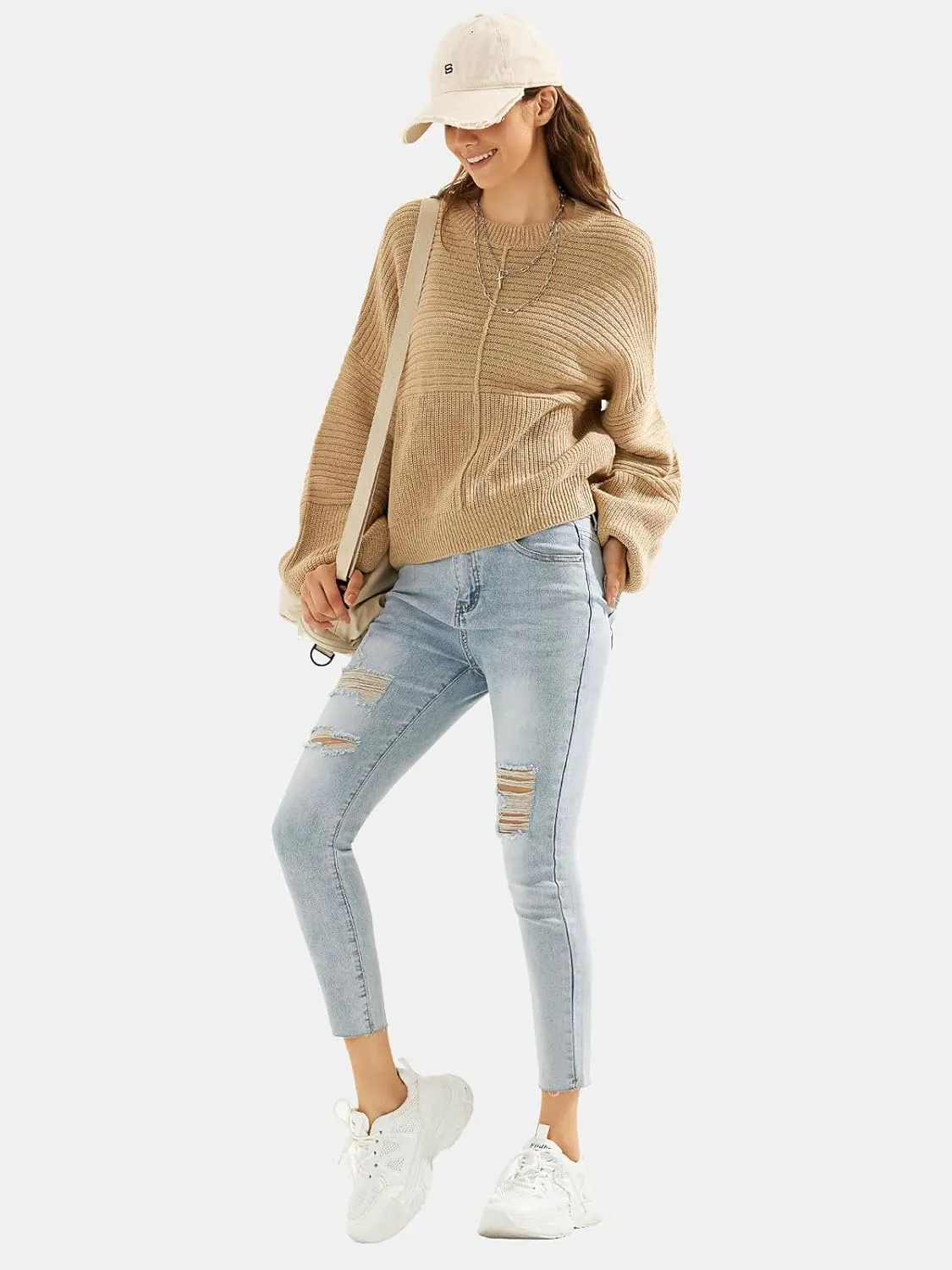 EXLURA Womens Oversized Sweaters Crew Neck Long Lantern Sleeve Loose Casual Knit Slouchy Fall Pullover Tops