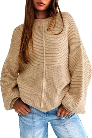 EXLURA Womens Oversized Sweaters Crew Neck Long Lantern Sleeve Loose Casual Knit Slouchy Fall Pullover Tops