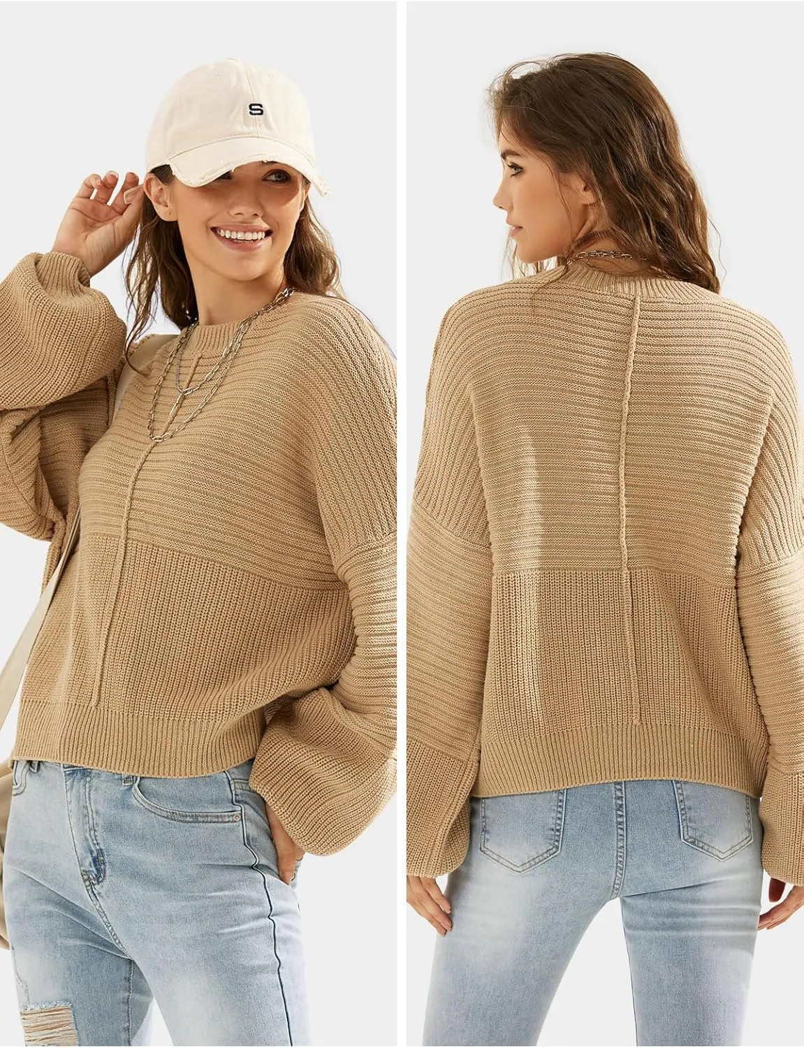 EXLURA Womens Oversized Sweaters Crew Neck Long Lantern Sleeve Loose Casual Knit Slouchy Fall Pullover Tops