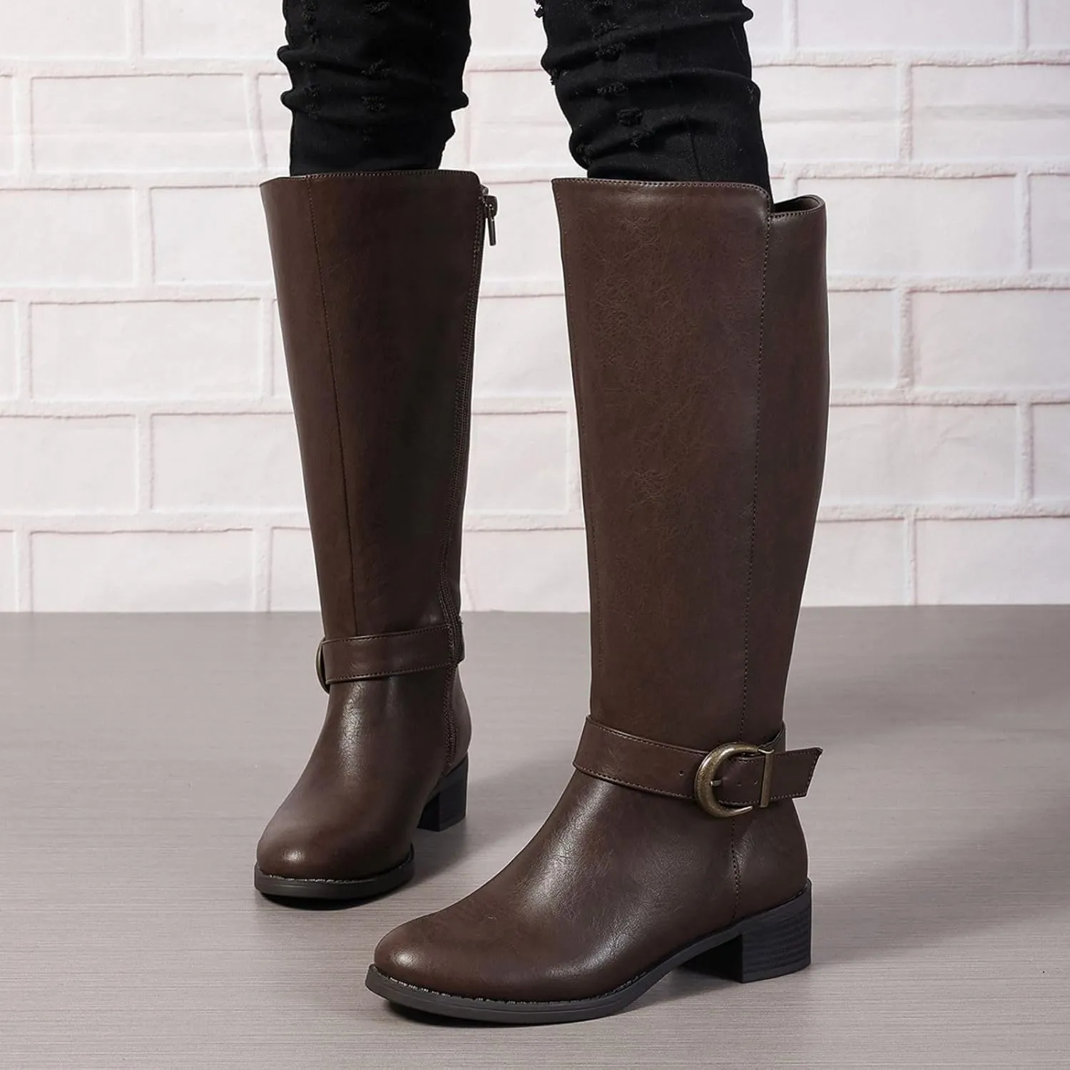 Extra Wide Calf Knee High Boots for Women Wide Width Plus Size Side Zipper Elastic Band Low Heel Riding Boots US5-11