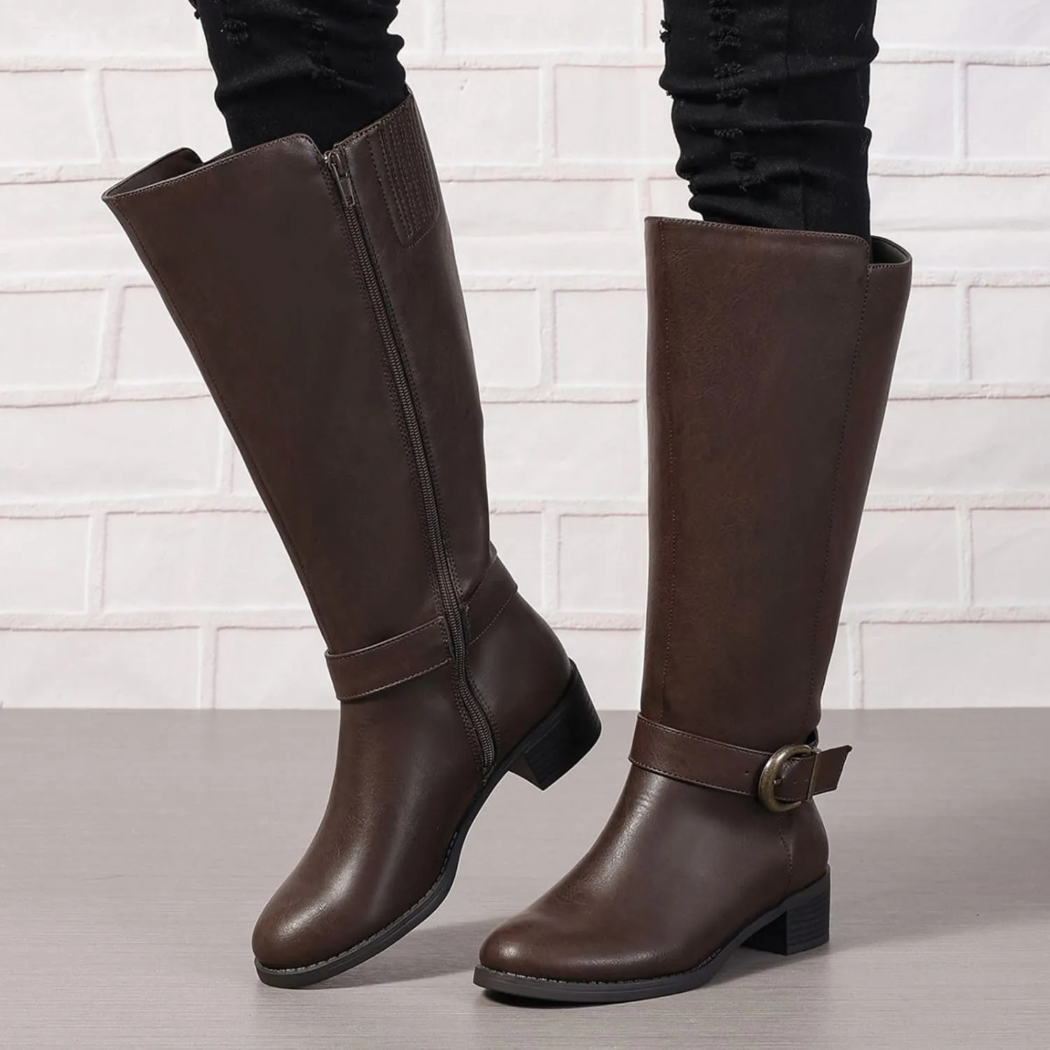 Extra Wide Calf Knee High Boots for Women Wide Width Plus Size Side Zipper Elastic Band Low Heel Riding Boots US5-11