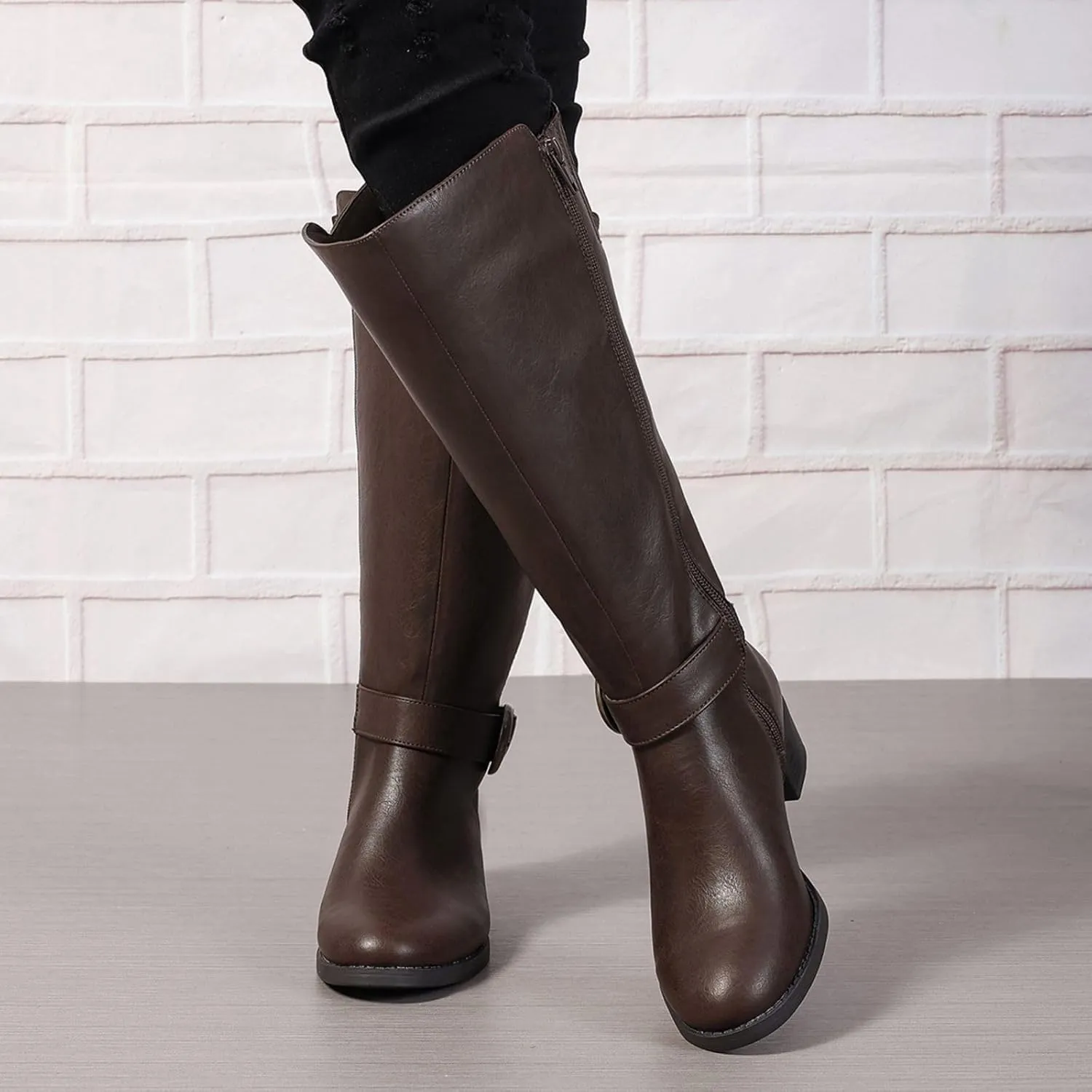 Extra Wide Calf Knee High Boots for Women Wide Width Plus Size Side Zipper Elastic Band Low Heel Riding Boots US5-11