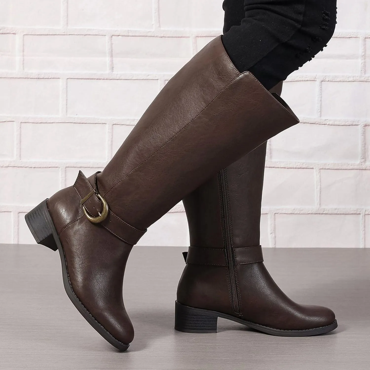 Extra Wide Calf Knee High Boots for Women Wide Width Plus Size Side Zipper Elastic Band Low Heel Riding Boots US5-11