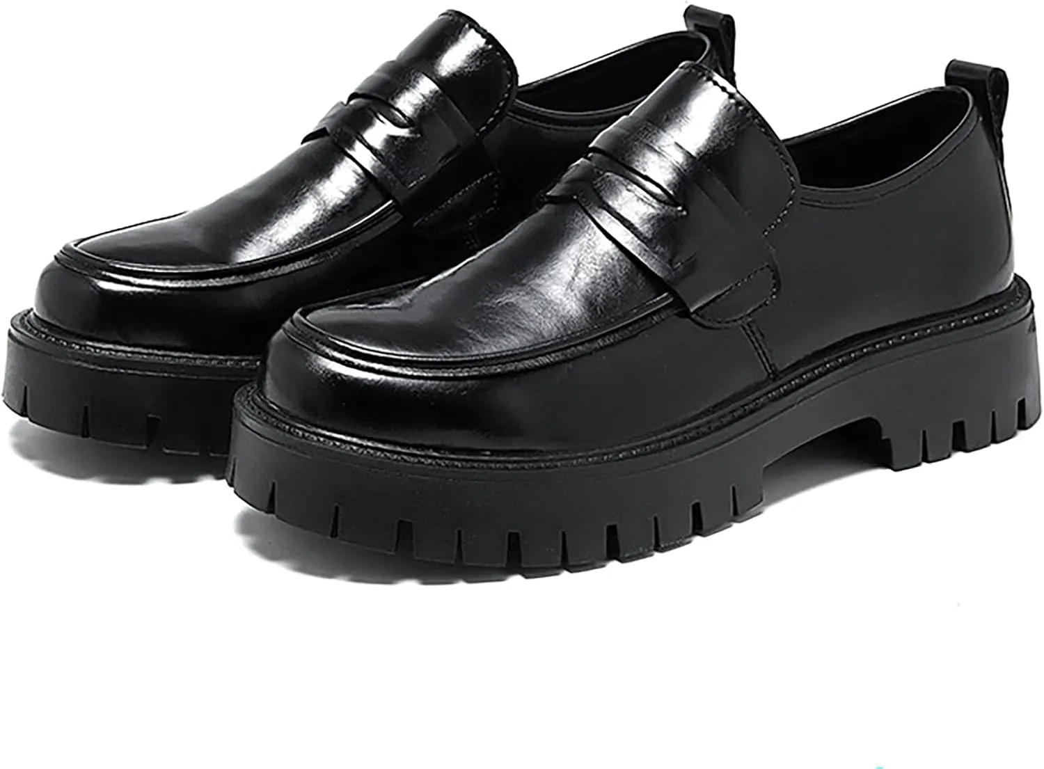 Fashion Black Business Loafers for Men's Leather Platform Chunky Slip-On Lug Sole Non-Slip Comfort Wide Toe Dress Penny Loafers for Work Prom Wedding Party Formal