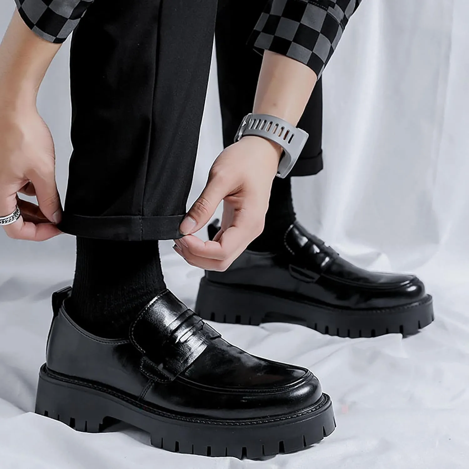 Fashion Black Business Loafers for Men's Leather Platform Chunky Slip-On Lug Sole Non-Slip Comfort Wide Toe Dress Penny Loafers for Work Prom Wedding Party Formal