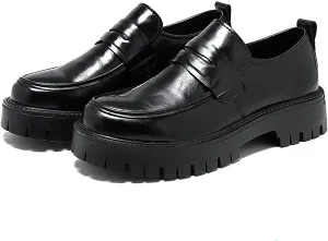 Fashion Black Business Loafers for Men's Leather Platform Chunky Slip-On Lug Sole Non-Slip Comfort Wide Toe Dress Penny Loafers for Work Prom Wedding Party Formal