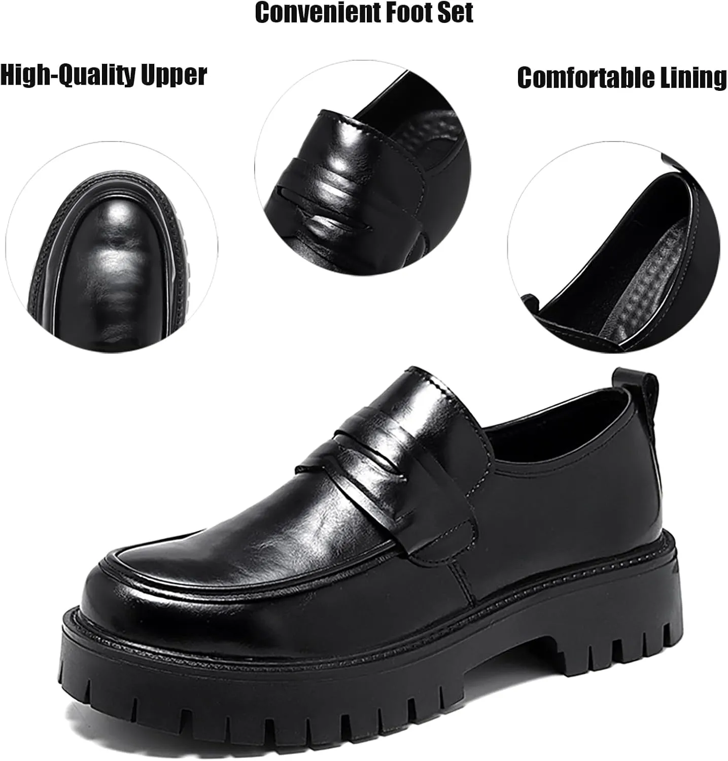 Fashion Black Business Loafers for Men's Leather Platform Chunky Slip-On Lug Sole Non-Slip Comfort Wide Toe Dress Penny Loafers for Work Prom Wedding Party Formal