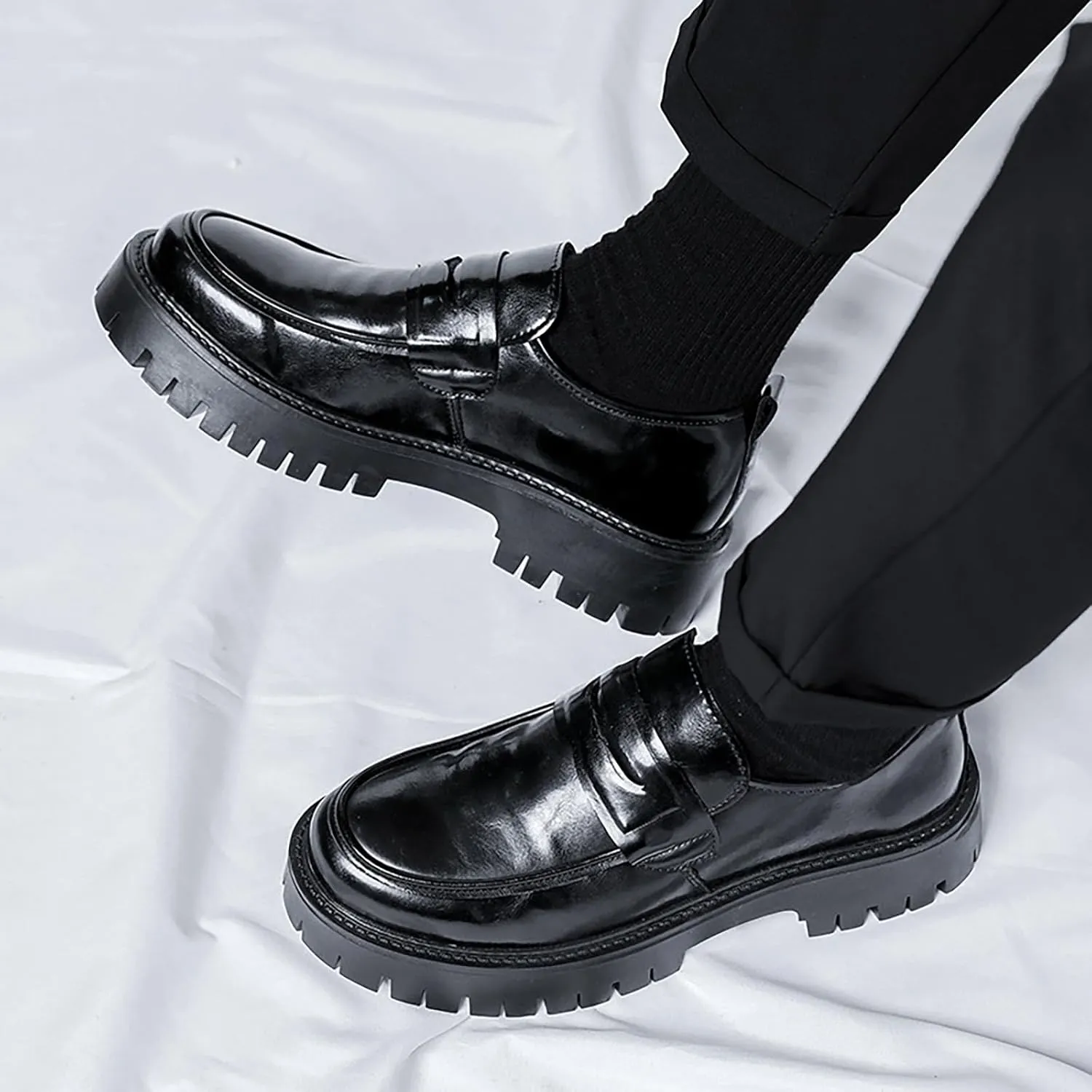 Fashion Black Business Loafers for Men's Leather Platform Chunky Slip-On Lug Sole Non-Slip Comfort Wide Toe Dress Penny Loafers for Work Prom Wedding Party Formal