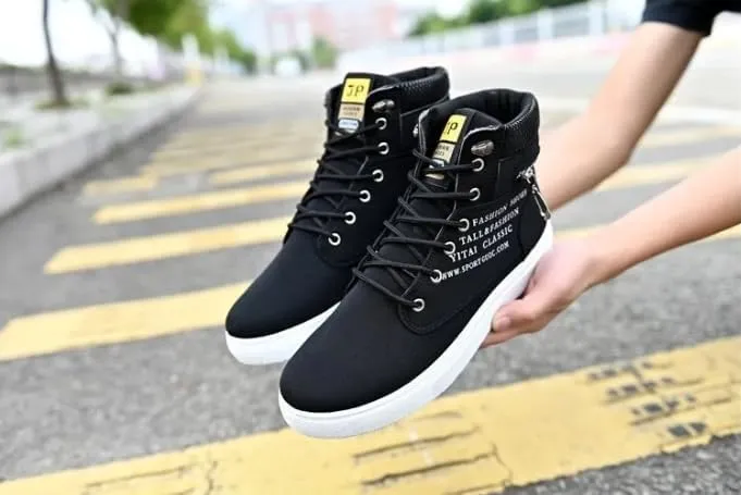Fashion British Style High Top Canvas Men's Sneakers,Lace Up Ankle Boots with Zipper Casual Hundred Shoes
