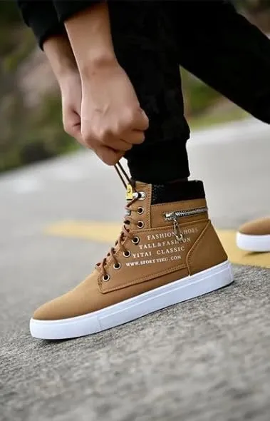 Fashion British Style High Top Canvas Men's Sneakers,Lace Up Ankle Boots with Zipper Casual Hundred Shoes
