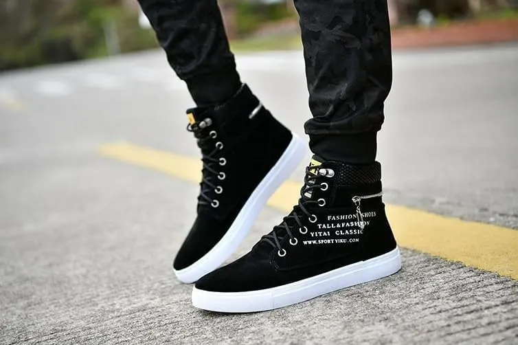 Fashion British Style High Top Canvas Men's Sneakers,Lace Up Ankle Boots with Zipper Casual Hundred Shoes