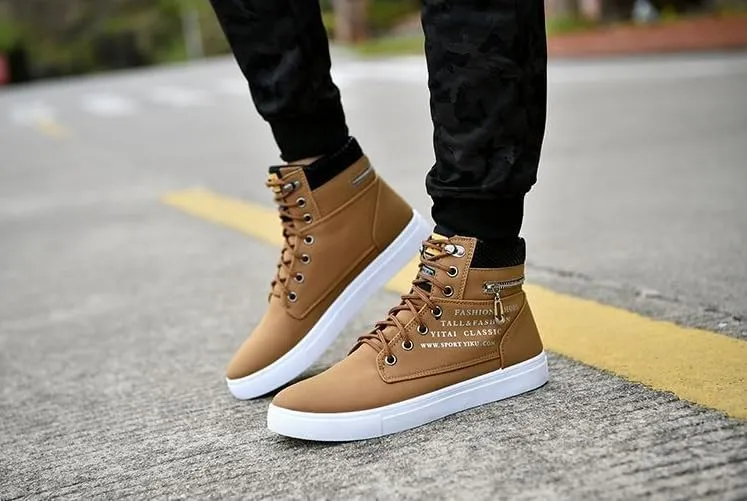 Fashion British Style High Top Canvas Men's Sneakers,Lace Up Ankle Boots with Zipper Casual Hundred Shoes