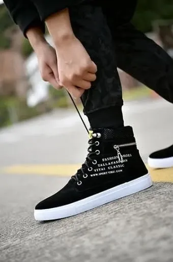 Fashion British Style High Top Canvas Men's Sneakers,Lace Up Ankle Boots with Zipper Casual Hundred Shoes
