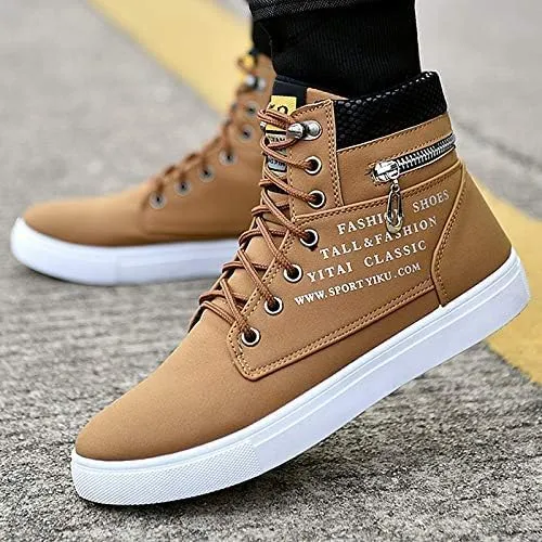 Fashion British Style High Top Canvas Men's Sneakers,Lace Up Ankle Boots with Zipper Casual Hundred Shoes