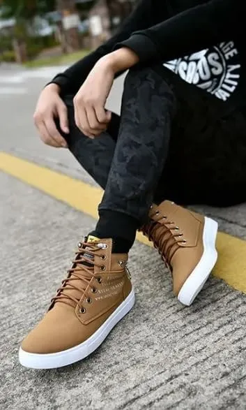 Fashion British Style High Top Canvas Men's Sneakers,Lace Up Ankle Boots with Zipper Casual Hundred Shoes