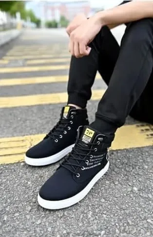 Fashion British Style High Top Canvas Men's Sneakers,Lace Up Ankle Boots with Zipper Casual Hundred Shoes