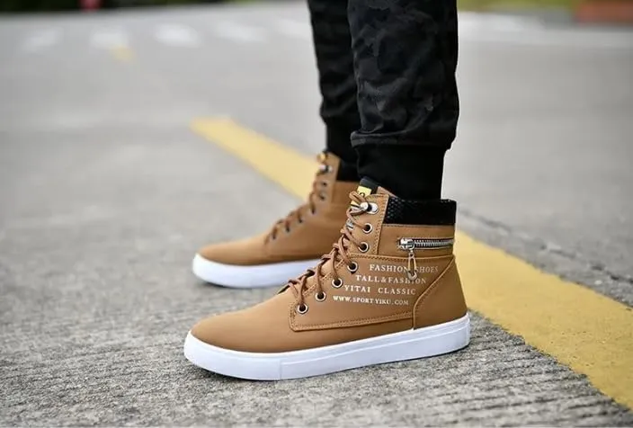 Fashion British Style High Top Canvas Men's Sneakers,Lace Up Ankle Boots with Zipper Casual Hundred Shoes