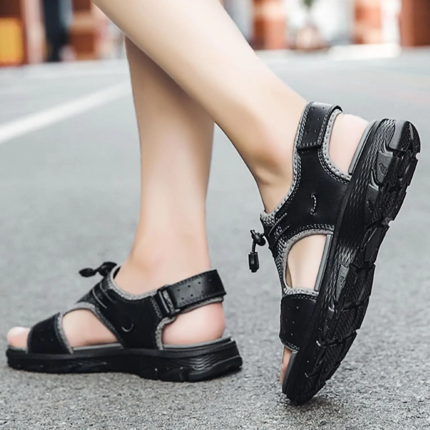 Fashion Men's Open-Toe Sandals, Classics Real Leather Hiking Sandals, Hollow Out Backpacking Beach Shoes