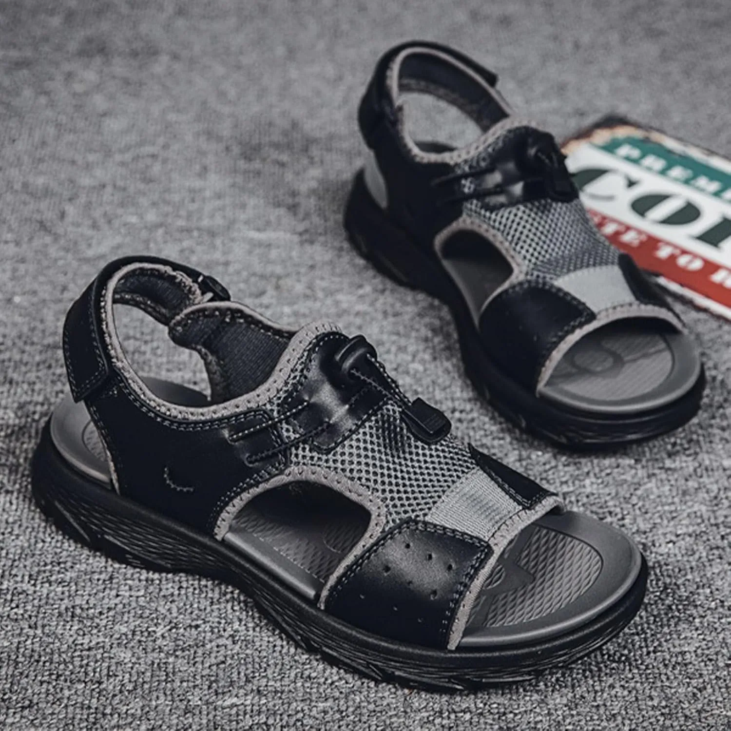 Fashion Men's Open-Toe Sandals, Classics Real Leather Hiking Sandals, Hollow Out Backpacking Beach Shoes
