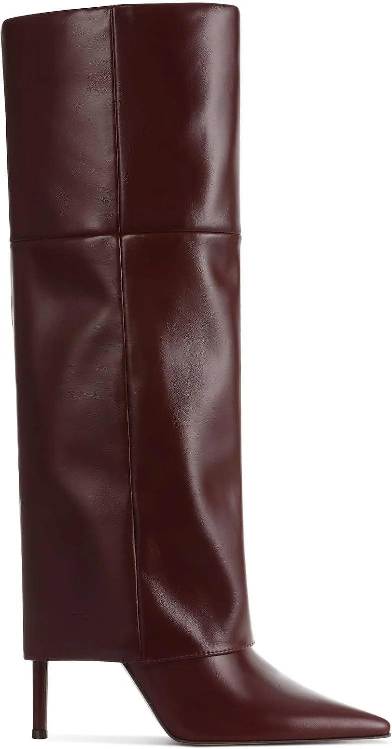 Femflame Fold Over Knee High Boots - Wide Calf, Pointed Toe Stiletto Heel, Tall Boots