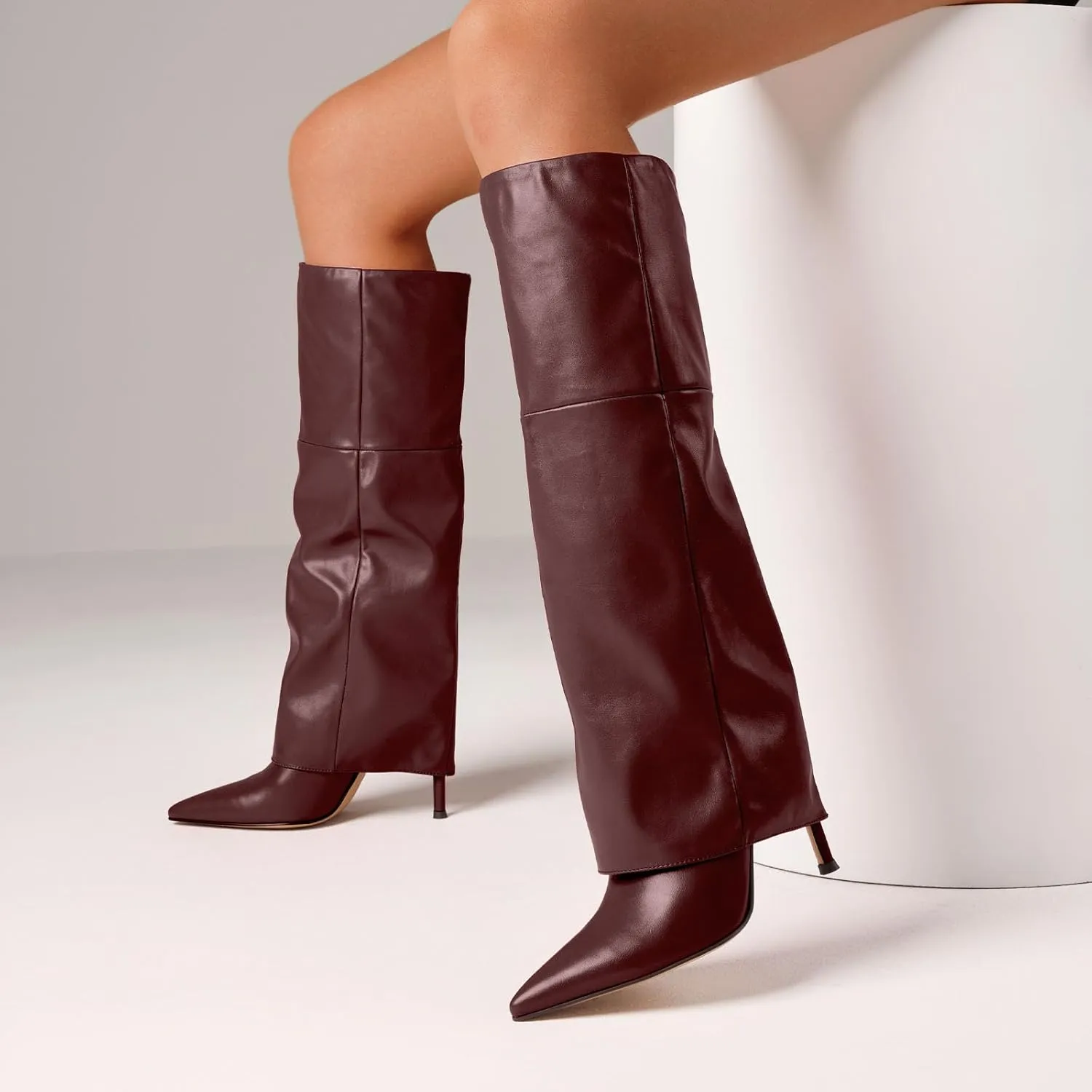 Femflame Fold Over Knee High Boots - Wide Calf, Pointed Toe Stiletto Heel, Tall Boots