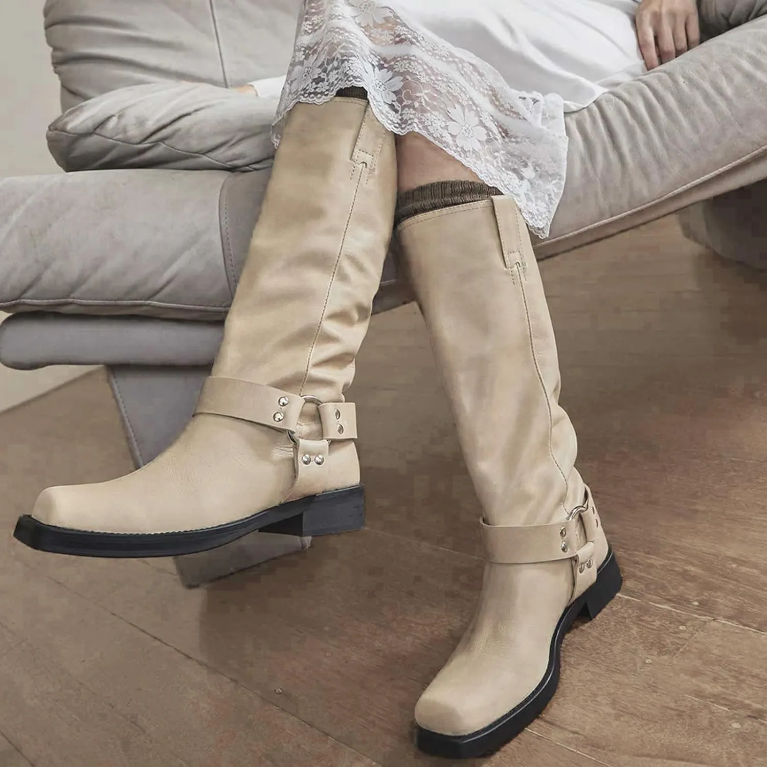FIFSY Women's Knee High Boots Slip On Riding Boots Buckle Boots for Women Sexy Squared Toe Low Chunky High Heel Tall Motorcycle Boots Women's Low Heel 1-2" Boots Dance Party Booties