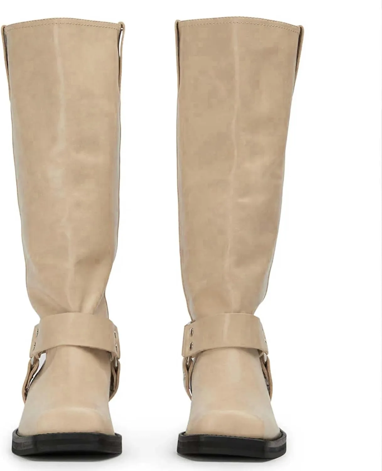 FIFSY Women's Knee High Boots Slip On Riding Boots Buckle Boots for Women Sexy Squared Toe Low Chunky High Heel Tall Motorcycle Boots Women's Low Heel 1-2" Boots Dance Party Booties