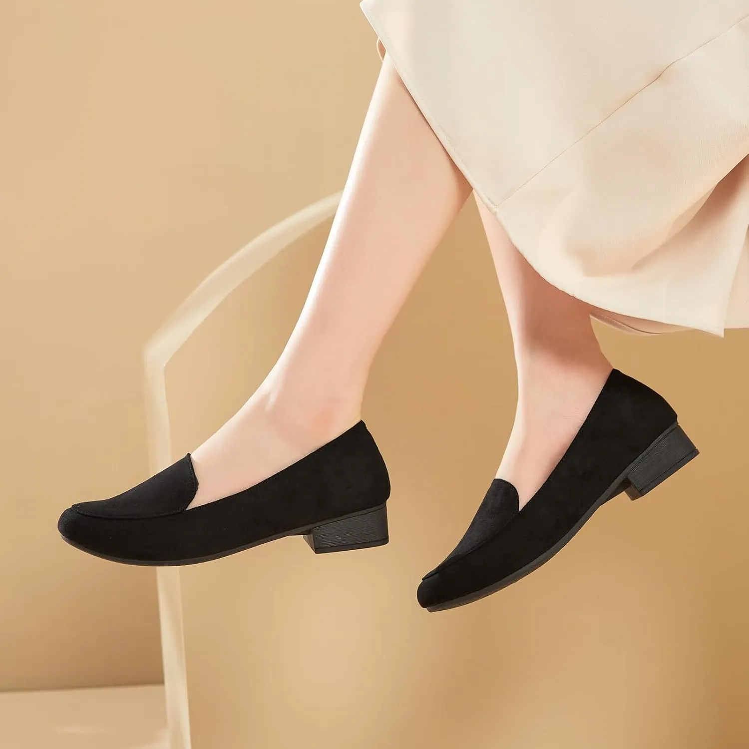 FINIWOR Womens Black Chunky Low Heel Pumps Suede Dress Flats Shoes Comfortable Work Loafers Business Office Shoes