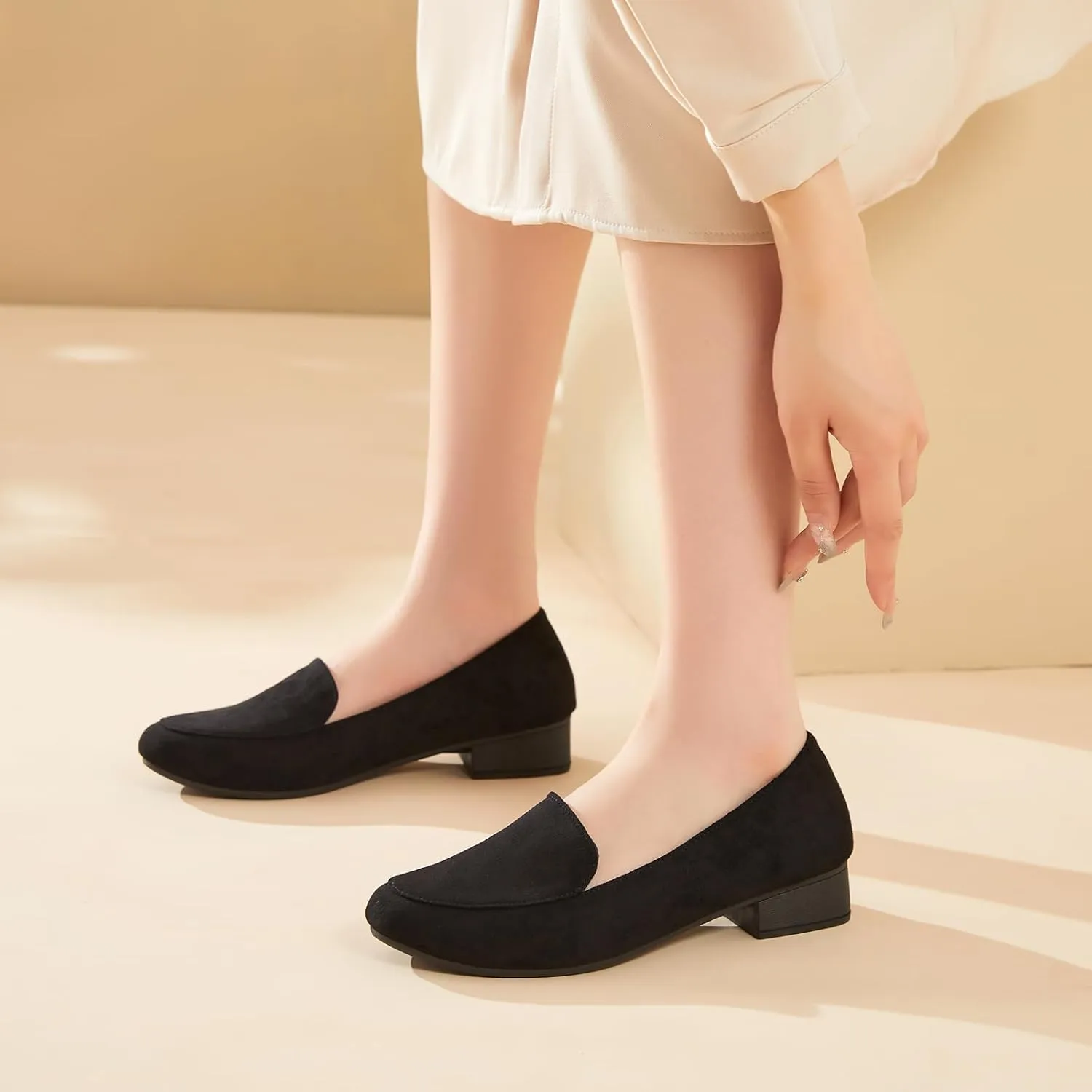 FINIWOR Womens Black Chunky Low Heel Pumps Suede Dress Flats Shoes Comfortable Work Loafers Business Office Shoes
