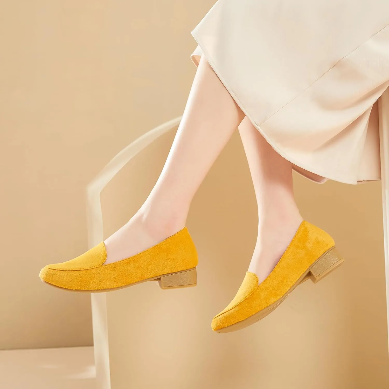 FINIWOR Womens Black Chunky Low Heel Pumps Suede Dress Flats Shoes Comfortable Work Loafers Business Office Shoes