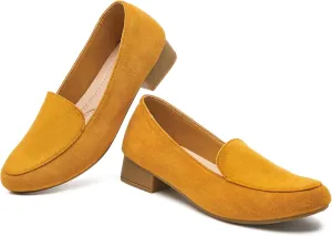 FINIWOR Womens Black Chunky Low Heel Pumps Suede Dress Flats Shoes Comfortable Work Loafers Business Office Shoes