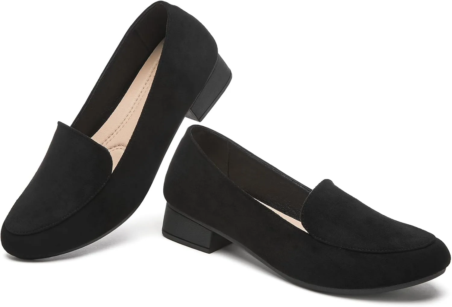 FINIWOR Womens Black Chunky Low Heel Pumps Suede Dress Flats Shoes Comfortable Work Loafers Business Office Shoes