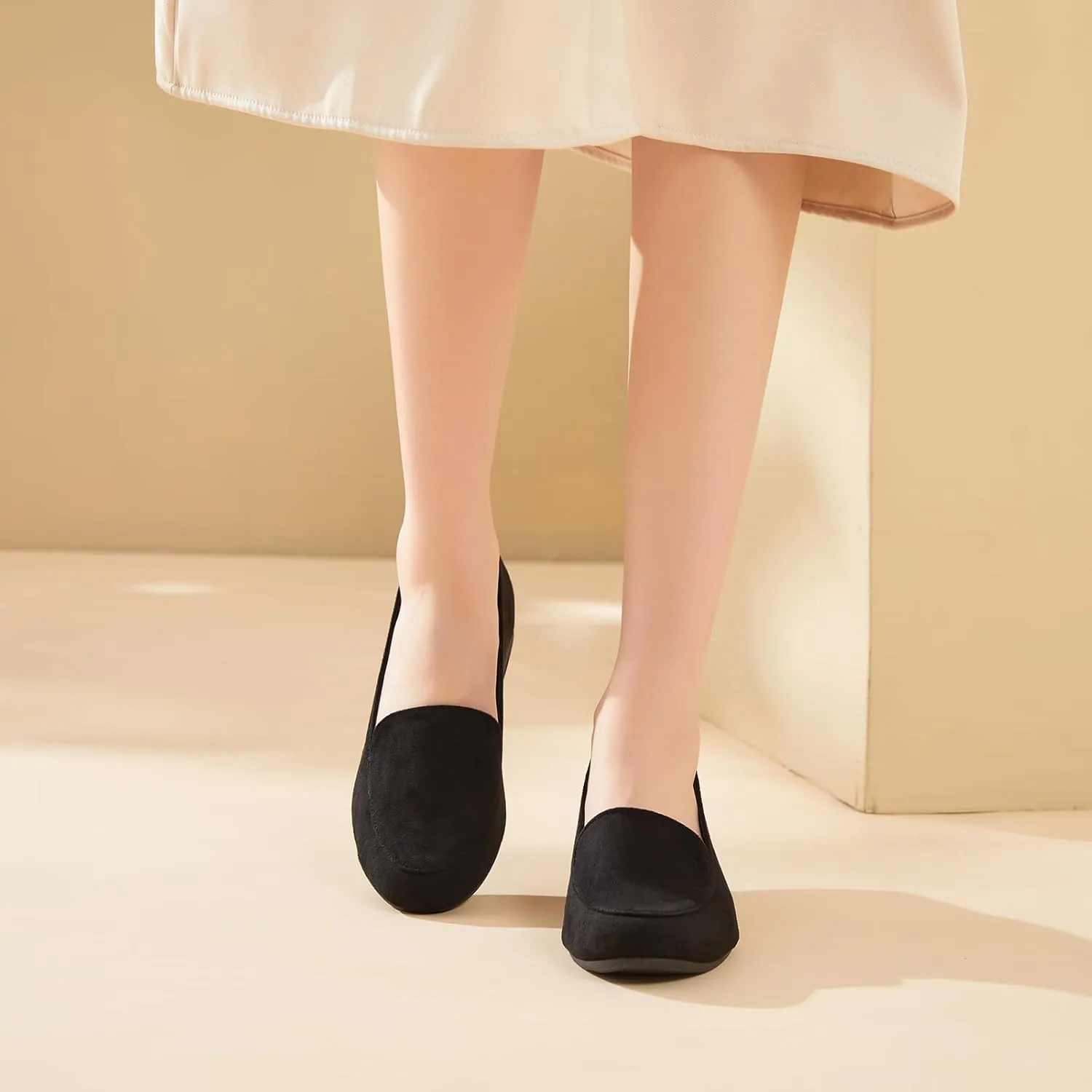 FINIWOR Womens Black Chunky Low Heel Pumps Suede Dress Flats Shoes Comfortable Work Loafers Business Office Shoes