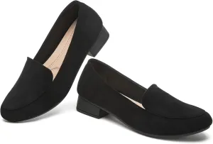 FINIWOR Womens Black Chunky Low Heel Pumps Suede Dress Flats Shoes Comfortable Work Loafers Business Office Shoes