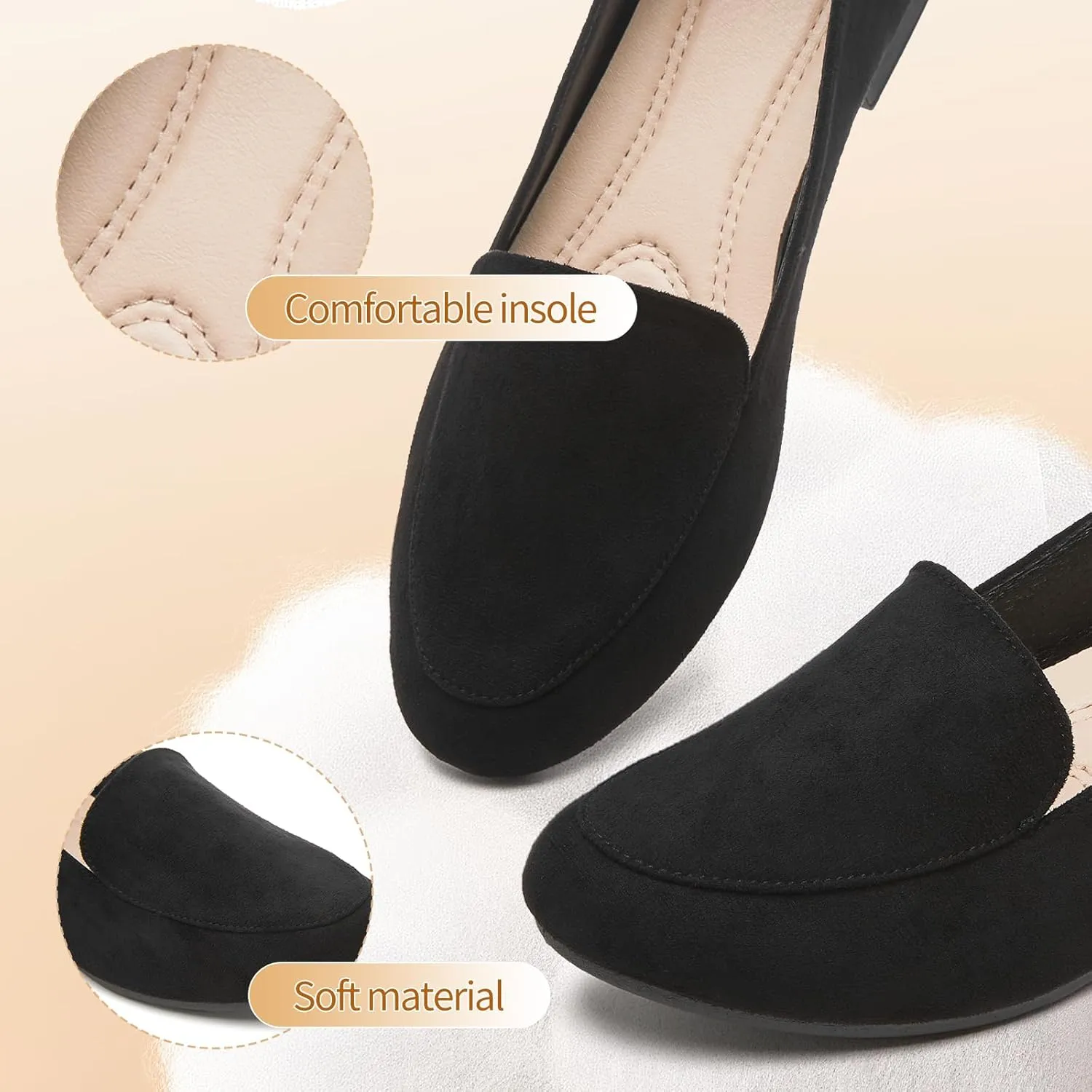 FINIWOR Womens Black Chunky Low Heel Pumps Suede Dress Flats Shoes Comfortable Work Loafers Business Office Shoes
