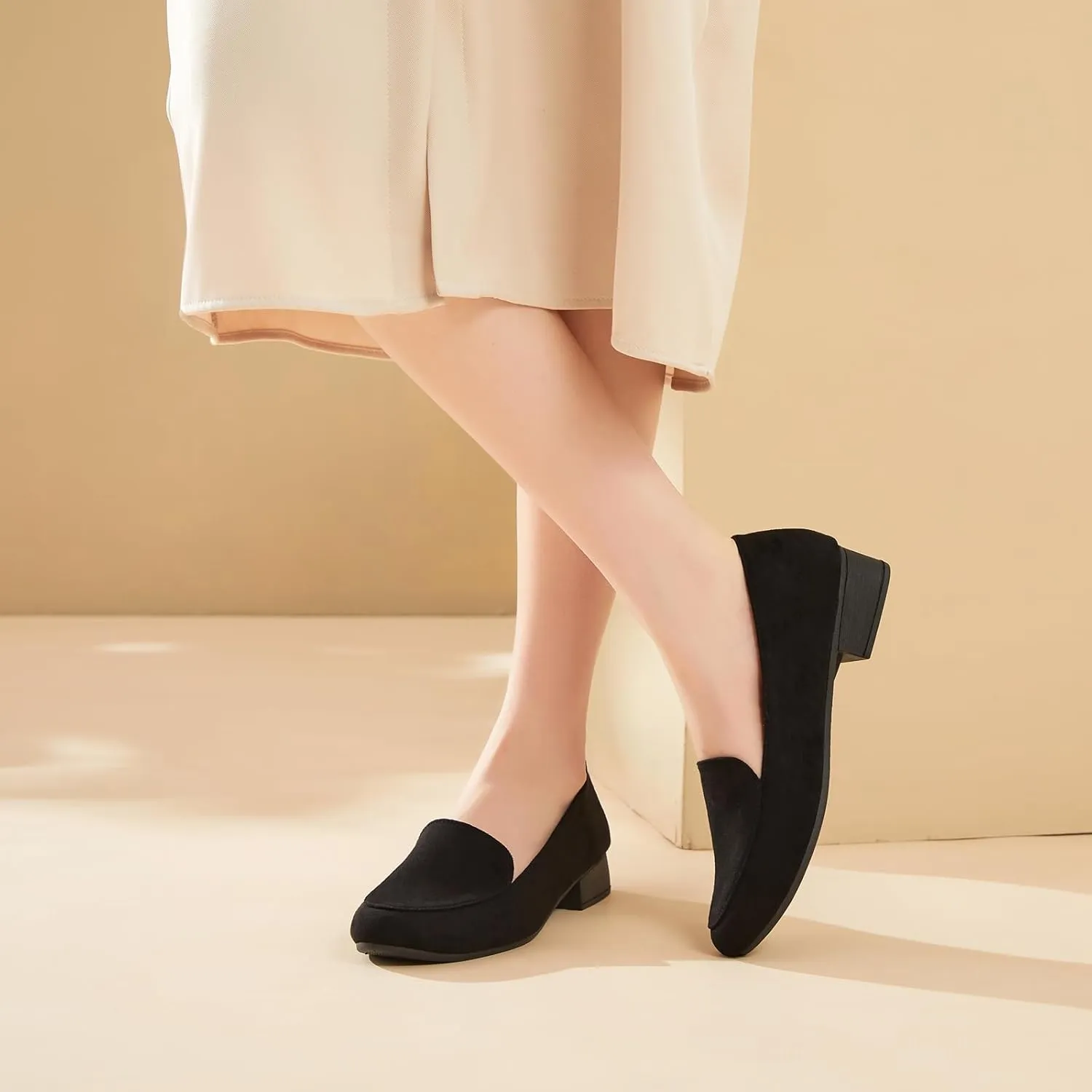 FINIWOR Womens Black Chunky Low Heel Pumps Suede Dress Flats Shoes Comfortable Work Loafers Business Office Shoes