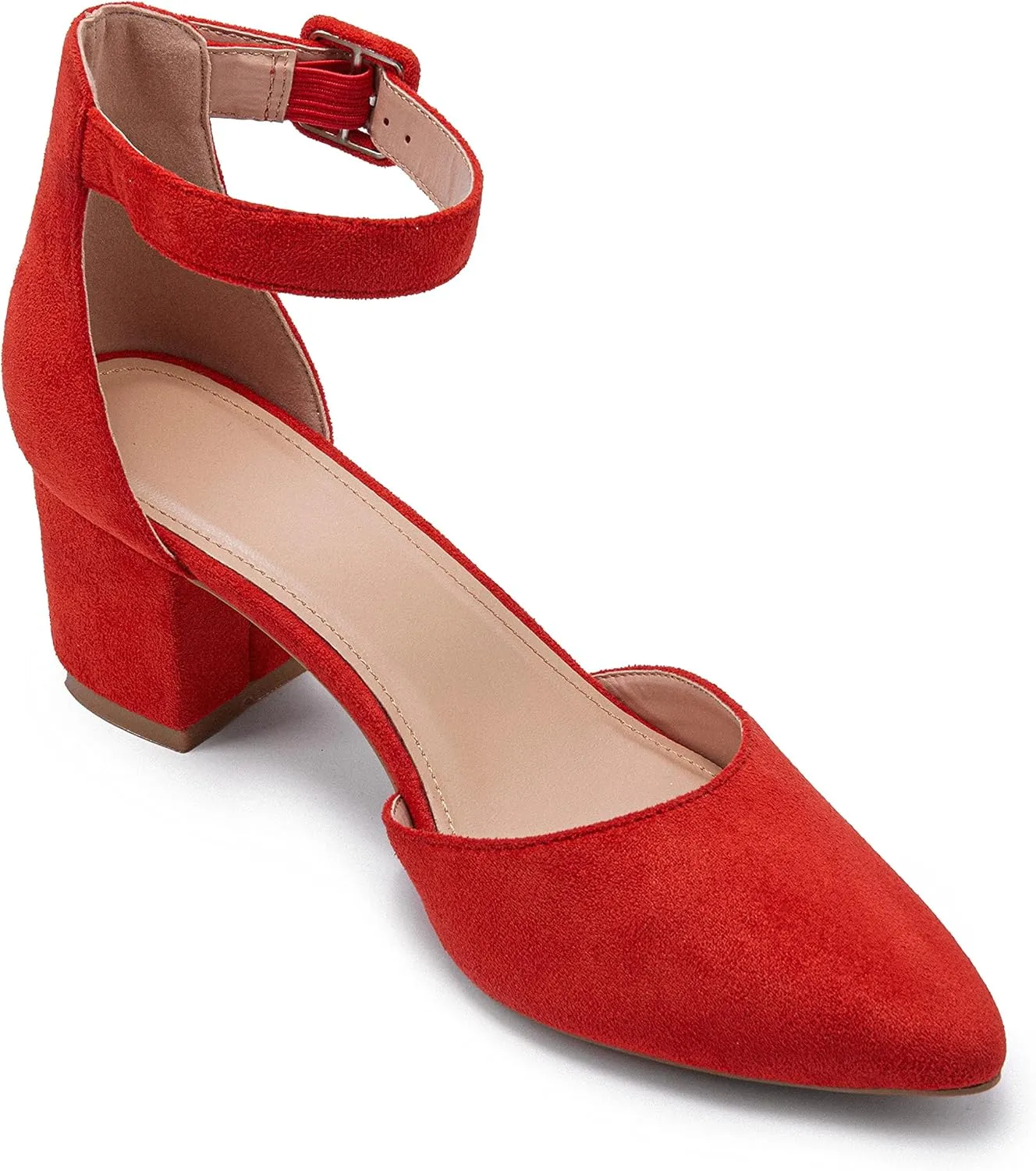 FISACE Womens Low Mid Square Heel Ankle Strap Sandal Office Ladies Pointed Toe Pumps Shoes