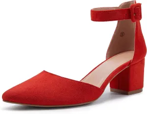 FISACE Womens Low Mid Square Heel Ankle Strap Sandal Office Ladies Pointed Toe Pumps Shoes