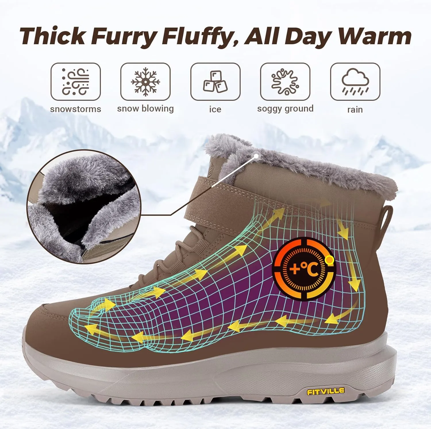FitVille Wide Width Mens Winter Boots Fur Lined Extra Wide Snow Boots Lightweight Non Slip Hiking Boots Outdoor Diabetic Shoes for Flat Feet