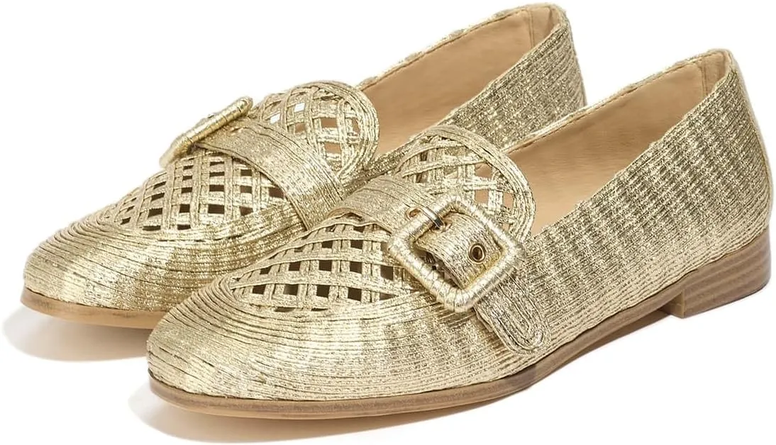 Flats for Womens Comfortable Slip On Loafers Raffia Design Breathable Buckle Detail Dress Shoes for Work and Daily Wear