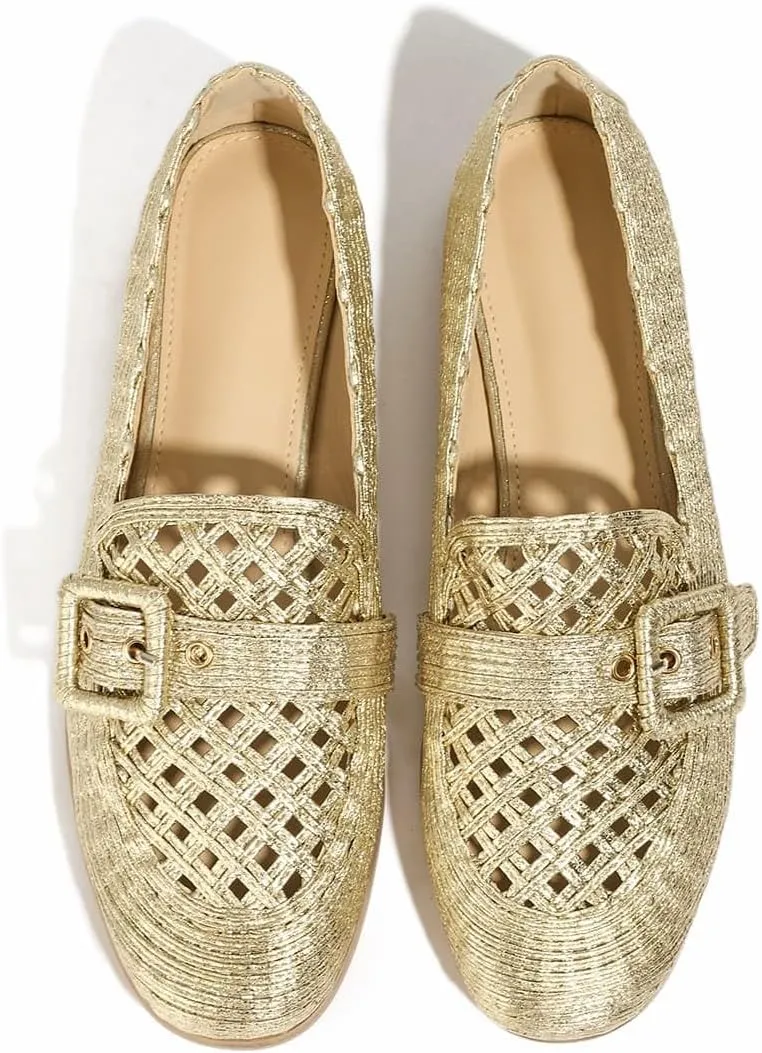 Flats for Womens Comfortable Slip On Loafers Raffia Design Breathable Buckle Detail Dress Shoes for Work and Daily Wear