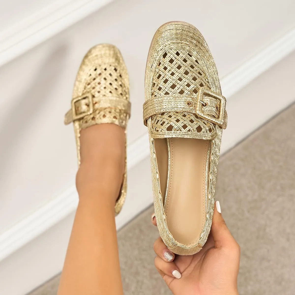 Flats for Womens Comfortable Slip On Loafers Raffia Design Breathable Buckle Detail Dress Shoes for Work and Daily Wear