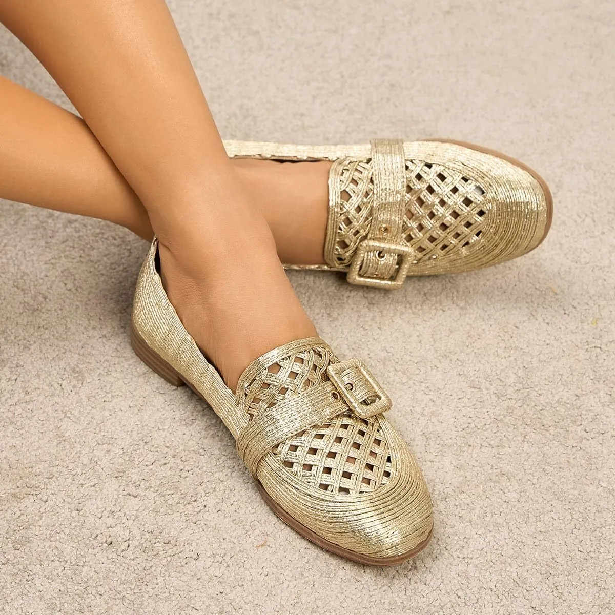 Flats for Womens Comfortable Slip On Loafers Raffia Design Breathable Buckle Detail Dress Shoes for Work and Daily Wear