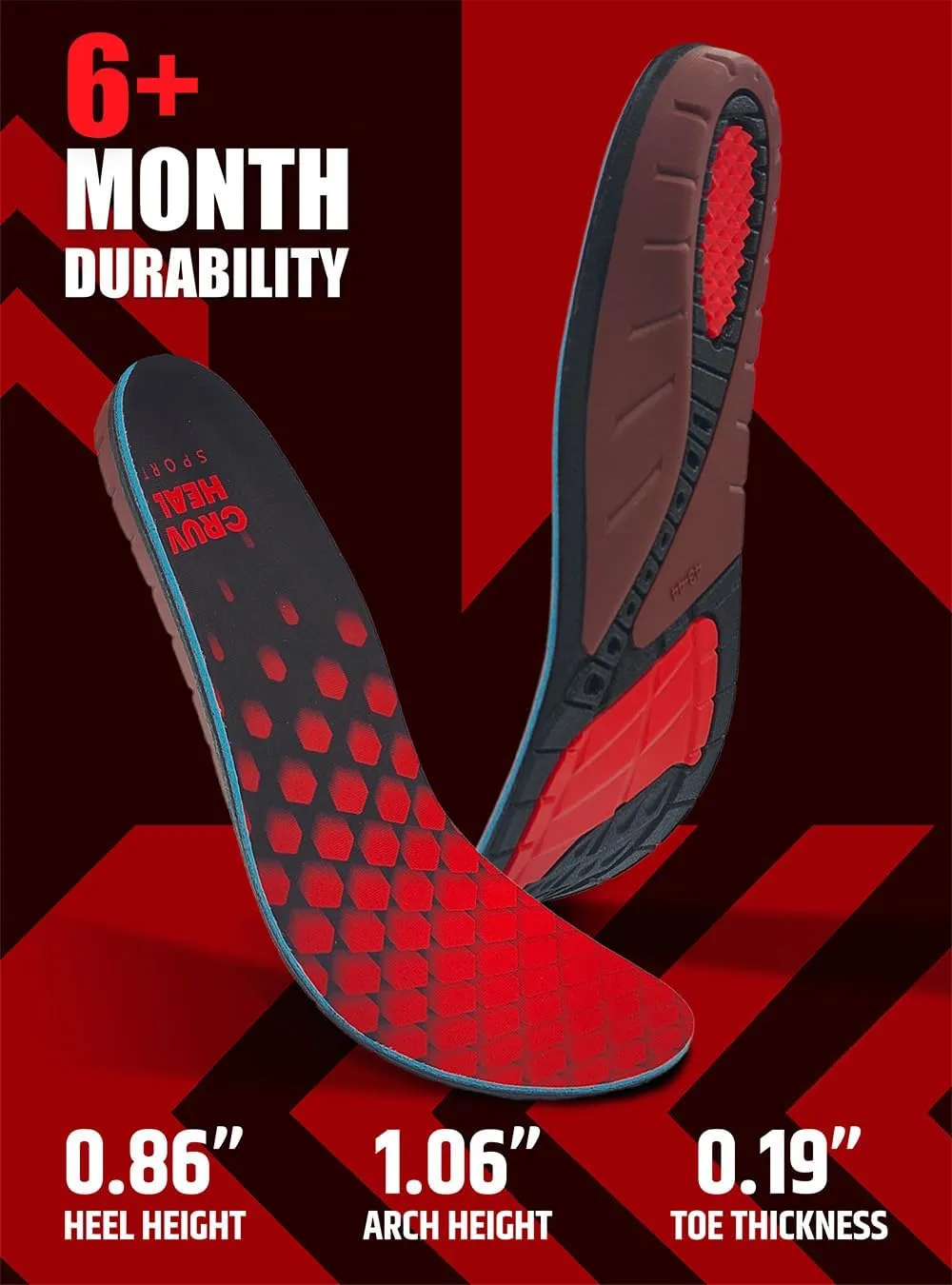 Flex Fit Sport Insoles - Medium Arch Support Inserts - Running Insoles for Sneackers - Shoe Inserts for Men and Women (Red, XL)