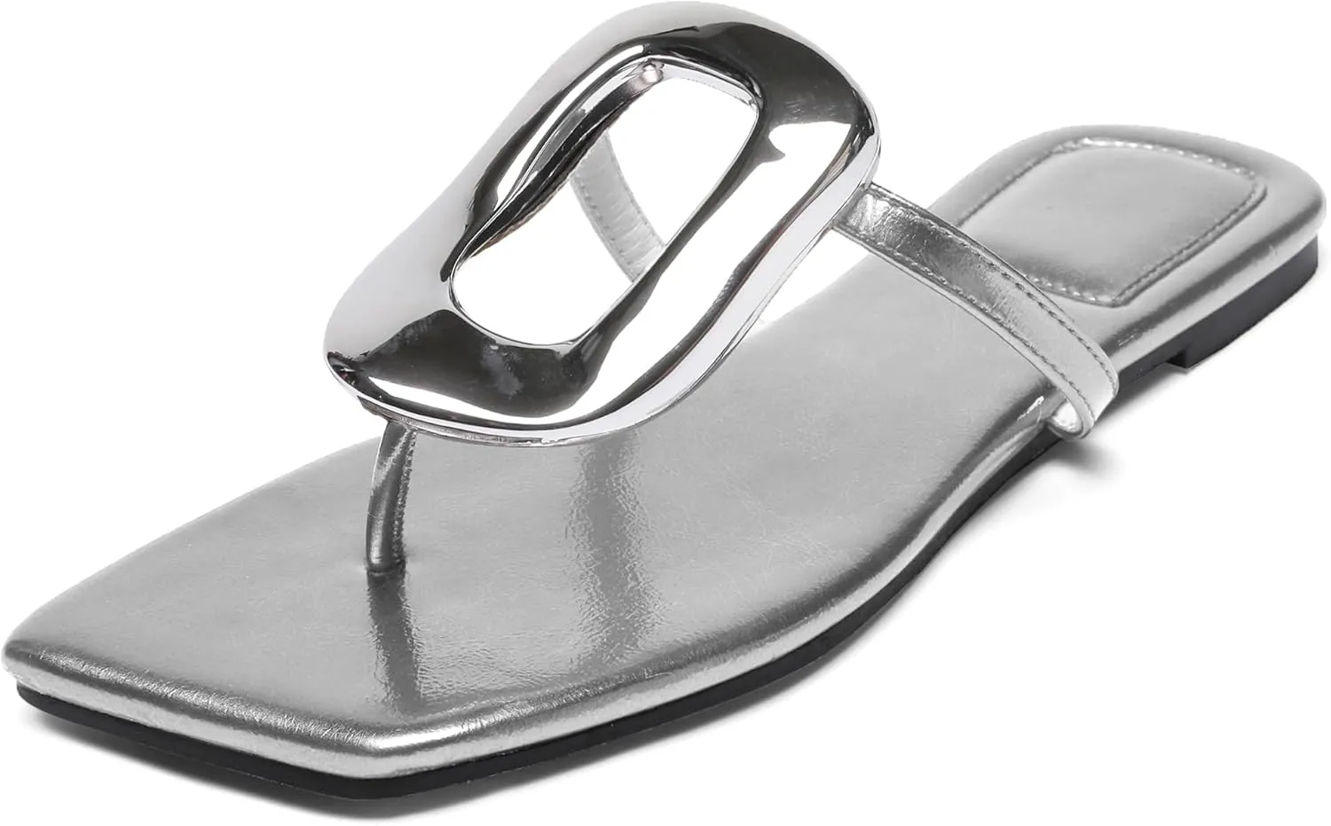 Flip-Flops Sandals for Women Comfortable Open Square Toe Slip on Beach Thong Sandals Casual Fashion Ladies Slipper Dressy Metal Decoration Summer Shoes.